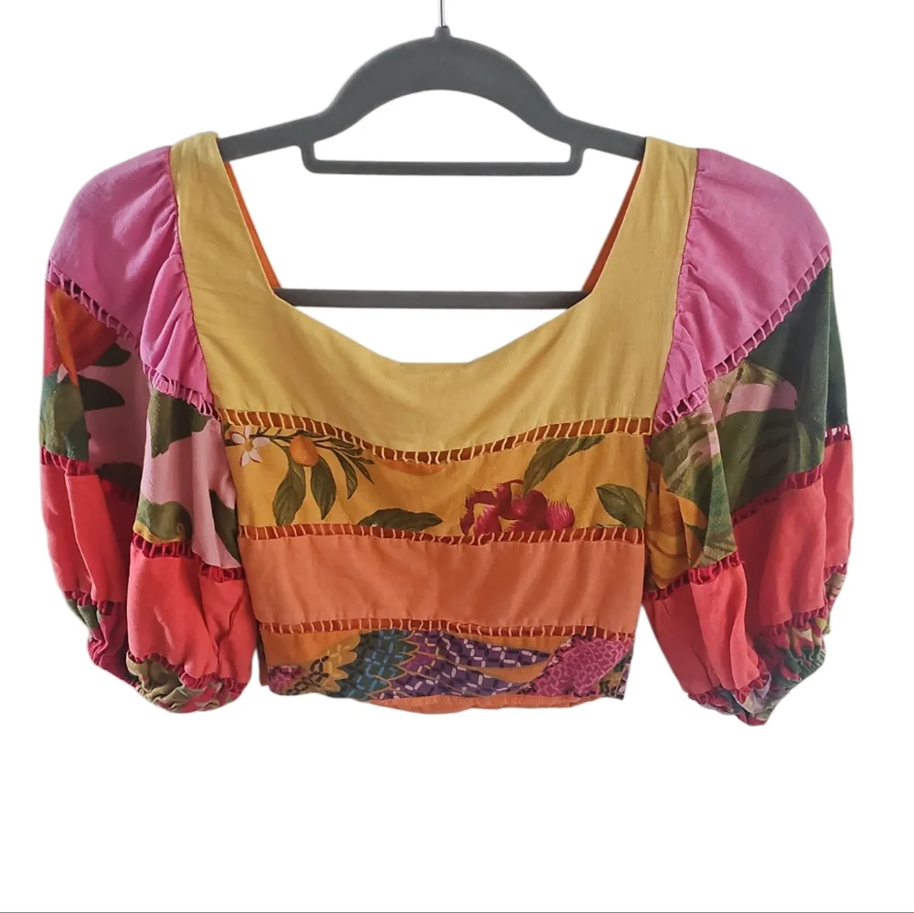 FARM Rio Rainbow Mixed Prints Tiered Linen Blend Top in Mix Print  sz  XS - Picture 4 of 10